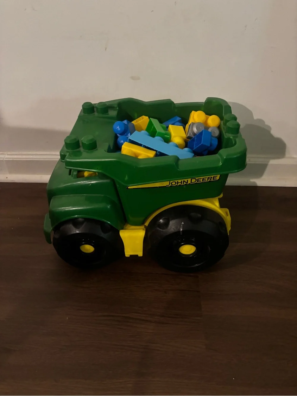 John Deere Green Dump Truck Toy with Blue, Yellow, Red Blocks